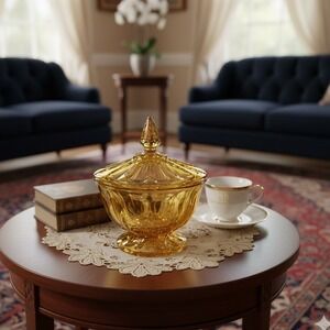 VTG 1970s Anchor Hocking Fairfield Amber Glass Candy Dish Pressed Glass Footed